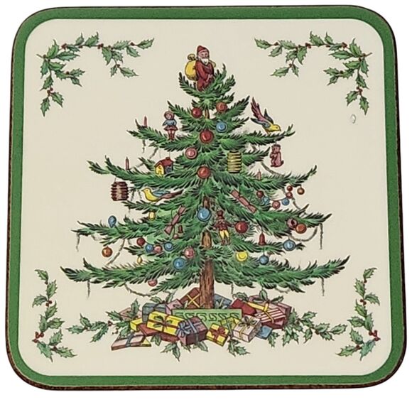 6 Pimpernel Spode Christmas Tree Coasters Cork Back Square w/Box De Luxe Finish - Picture 3 of 7